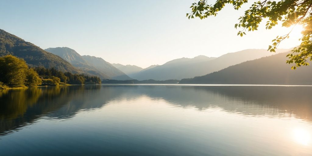 Klidná krajina s jezerem a zelení.