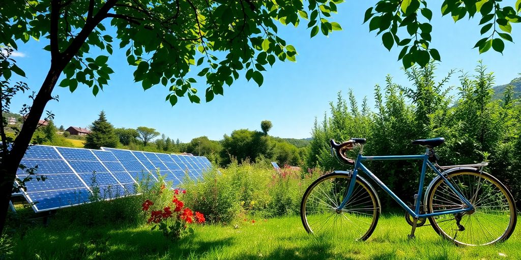 Zelená krajina s solárními panely a bicyklem.