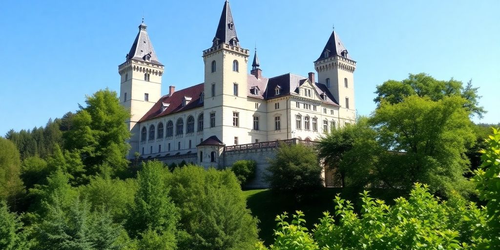 Malebný hrad obklopený zelení a modrou oblohou.